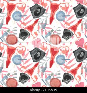 ivf watercolor pattern, in vitro fertilization, uterus, egg, sperm, positive pregnancy tests, print seamless watercolor hand drawn Stock Photo