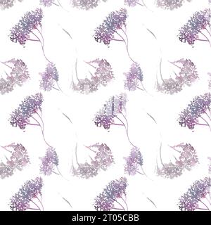transparent watercolor patterns, simple lilac twigs, flowers, minimalistic print, hand-drawn clothing pattern Stock Photo