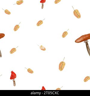 Watercolor pattern with mushrooms and leaves, hand drawn, print with forest plants on a white background. Autumn forest flora and fauna, seamless prin Stock Photo