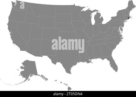 Black CMYK federal map of RHODE ISLAND inside detailed gray blank political map of the United States of America on transparent background Stock Vector