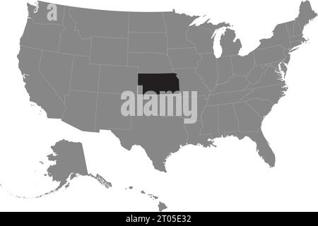 Black CMYK federal map of KANSAS inside detailed gray blank political map of the United States of America on transparent background Stock Vector