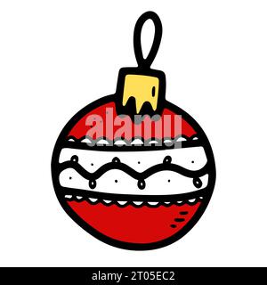 Doodle red Christmas ball image. Seasonal ornament Toy isolated on white background. Colored festive decoration. Vector New Year illustration. Traditi Stock Vector