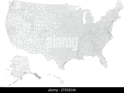 Detailed gray CMYK map of the United States of America federal counties with black border lines Stock Vector