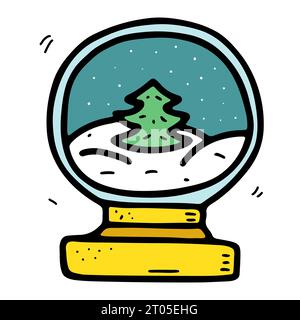 Doodle Christmas ball isolated on a white background. Blue clear Glass decoration with snowdrifts, snowflakes, tree. Vector New Year illustration. Cut Stock Vector