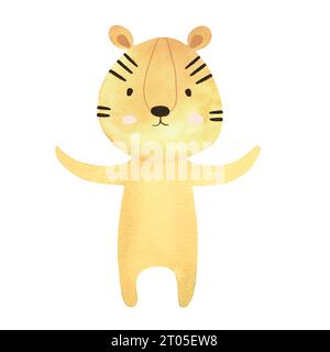 tiger watercolor painted in a minimalist style for children's illustration, clothing print, cute simple tiger, nose, head, paws, stripes, eyes Stock Photo
