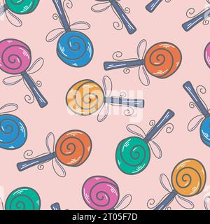 Multicolored lollipops seamless pattern. Red, blue, green, orange, purple candies on pink background. Doll cartoon print for textile, paper, packaging Stock Vector