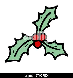 Doodle festive holly berry image. Hand-drawn plant isolated on white background. Colored season sharp leaves. Cute symbol of Happy New Year, Merry Chr Stock Vector
