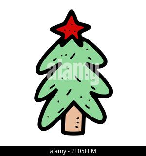 Vector cozy doodle tree illustration. Hand-drawn fir-tree on white background. Colored Scandinavian spruce with star. Happy New Year, Merry Christmas Stock Vector