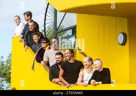 London, UK.  4 October 2023.  (L to R) Despina Zacharopoulou, Paul Setúbal, Yiannis Pappas, Paula Garcia, Carla Adra, Carlos Martiel, Aleksandar Timotic, Miles Greenberg, Cassils and Sandra Johnston arrive to open the Marina Abramović Institute Takeover at the Southbank Centre's Queen Elizabeth Hall, which runs 4 to 8 October.  (Image only to be used in relation to this event) .  Credit: Stephen Chung / Alamy Live News Stock Photo