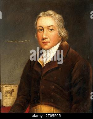 Edward Jenner,  1749 – 1823, was an English physician and scientist who pioneered the concept of vaccines and created the world's first vaccine for Smallpox. Oil Painting. Stock Photo