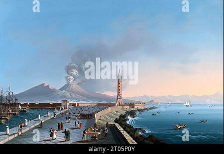 Molo Beverello, Naples, Mount Vesuvius in the background, port in the foreground, painting Ca. 1830 Stock Photo