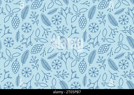 winter, christmas seamless pattern with snowflakes, fir branches, holly berries, pinecones and other floral elements- vector illustration Stock Vector