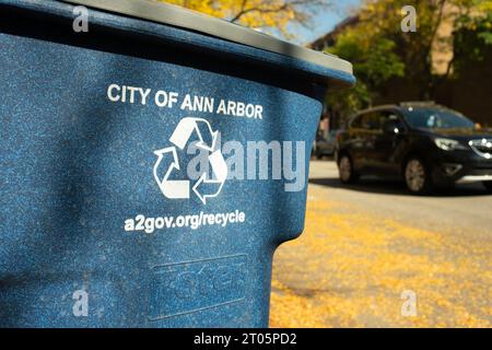 Blue recycle bin with City of Ann Arbor printed on it Stock Photo