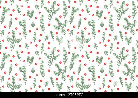 winter, christmas seamless pattern with fir twigs and holly berries- vector illustration Stock Vector