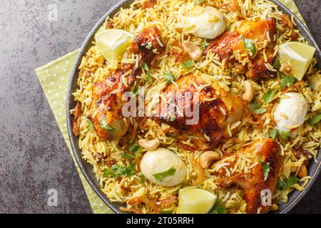 Spicy chicken pulao, polao, biryani, mandi, kacchi with egg closeup on the plate on the table. Horizontal top view from above Stock Photo