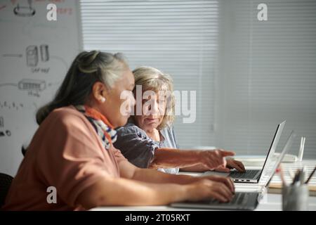Senior woman helping friend with task in computer class Stock Photo