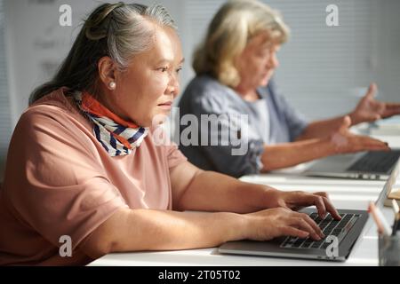 Elderly woman working on laptop in class for seniors Stock Photo