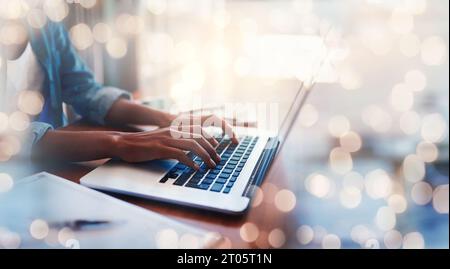 Closeup, hands and laptop in mock up for bokeh, overlay and banner for digital marketing, website or programming. Young, business woman or worker with Stock Photo