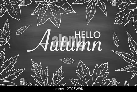Frame with maple leaves sketch style on the background of a black board with stained chalk. Copy space in the center. Vector. Stock Vector