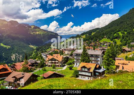 Townscape of village of Wengen on the edge of Lauterbrunnen Valley. Traditional local houses in Wengen village in the Interlaken district in the Bern Stock Photo