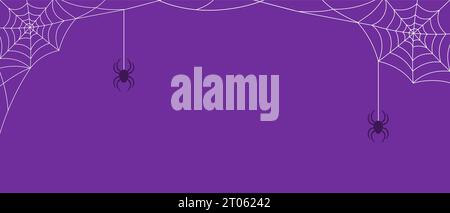 White cobweb frame and spiders on a purple background with copy space. Vector illustration Stock Vector