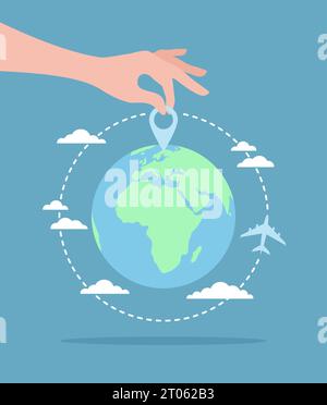 A hand putting a pin icon on the Earth globe and an airplane flying around. Flat vector illustration Stock Vector