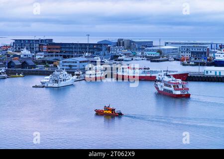 Aerial view of Reykjavik harbour and ships in the evening; Reykjavik, Iceland Europe Stock Photo