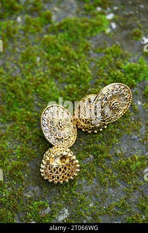 closeup the pair of golden color ear ring on the green brown grass soft focus natural green brown background. Stock Photo