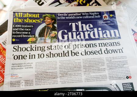 'Shocking state of prisons means 'one in10 should be closed down' Guardian newspaper headline front page prison article 26 September 2023 London UK Stock Photo