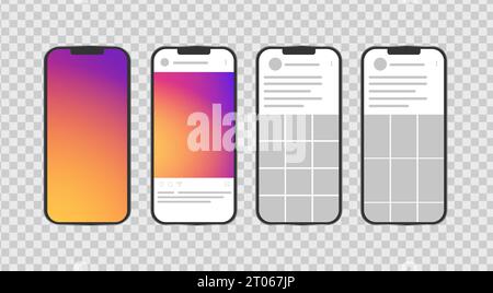 Smartphone mock up with carousel interface post on social network. Social media mobile app page template. Design of the tape profile. Vector Stock Vector