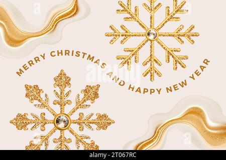 Merry Christmas New Year vector holiday greeting card, premium luxury 3d gold shiny glitter snowflake background with golden abstract wave Stock Vector