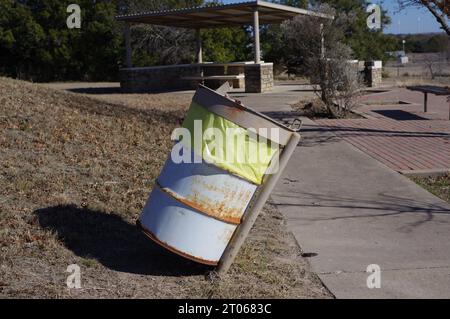 Trash can at a rest stop near Goldthwaite, Texas Stock Photo