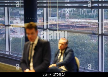 Mayor of the West Midlands Andy Street speaks to the media about HS2 during a press conference at the Millennium Point conference venue, overlooking the HS2 Birmingham Curzon Street railway station site in the background, after Prime Minister Rishi Sunak axed plans for HS2 to run from Birmingham to Manchester during his speech at the Conservative party conference. Picture date: Wednesday October 4, 2023. Stock Photo