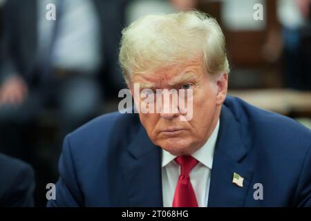 New York, USA. 04th Oct, 2023. Former President Donald Trump sits in the courtroom before the start of his civil business fraud trial, Wednesday, Oct. 4, 2023, in New York. (Photo by Mary Altaffer/Pool/Sipa USA) Credit: Sipa USA/Alamy Live News Stock Photo