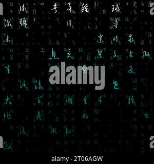 Letters matrix background. Random symbols of Chinese Simplified alphabet. Gradiented matrix pattern. Teal color theme backgrounds. Stock Vector
