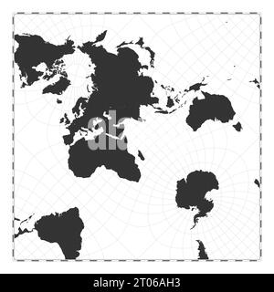 Vector world map. Peirce quincuncial projection. Plain world geographical map with latitude and longitude lines. Centered to 60deg W longitude. Vector Stock Vector