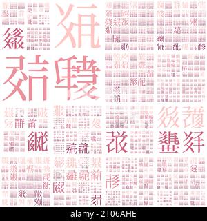 Digital cover design using random characters of old Tangut alphabet. Gradiented matrix pattern. Dark pink color theme backgrounds. Stock Vector