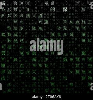 Abstract background. Random characters of Chinese traditional alphabet. Gradiented matrix pattern. Green color theme backgrounds. Stock Vector