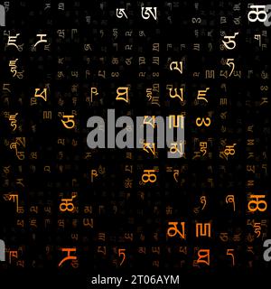 Abstract background. Random letters of the Tibetan alphabet. Gradiented matrix pattern. Orange color theme backgrounds. Tileable horizontally. Stock Vector