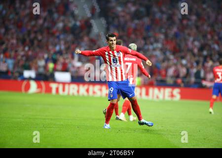 Madrid, Spain. 04th Oct, 2023. Atletico´s Morata celebrates during Uefa Champions League Match Day 2 between Atletico de Madrid and Feyenoord FC at Civitas Metropolitano Stadium in Madrid, Spain, on October 4, 2023. Credit: Edward F. Peters/Alamy Live News Stock Photo