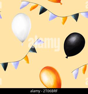 Watercolor seamless pattern with festive flags and balloons for halloween illustration. Hand painting postcard isolated on white background. For desig Stock Photo