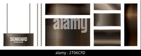 Metal banners hanging on a chain. Realistic shiny steel plate with screws. Polished rusty metal surface. Vector illustration Stock Vector