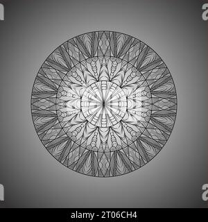 A black circular illustrated mandala design on the black gradient color background. Stock Vector