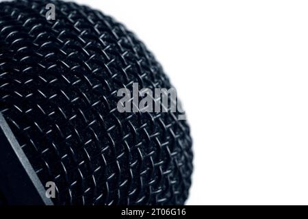 Mesh, black metal microphone head on a white background Stock Photo