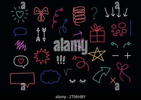 Hand drawn doodle elements set. Dark theme. Cartoon illustrations on black background. Neon elements. Hand drawn Abstract shapes. Doodles of hearts, r Stock Vector
