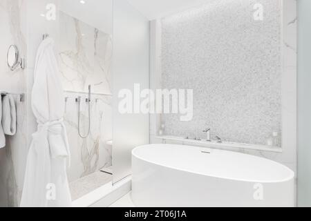 A bathroom detail with a free standing soaking tub in front of a wall of square tiles, and a walk-in shower with marble tiles and chrome faucet. Stock Photo