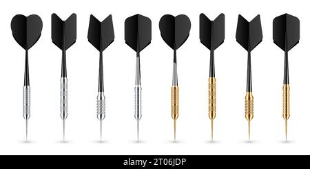 Black dart arrows with metal tip and shadow. Dart throwing sport game, dartboard equipment. Vector illustration Stock Vector