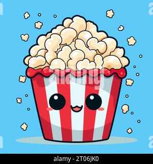 Cute kawaii smiling popcorn in basket in flat clipart style Stock Vector