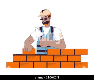 Construction worker laying bricks line cartoon flat illustration Stock Vector