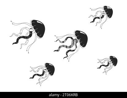 Swarm jellyfish swimming together black and white 2D line cartoon object Stock Vector